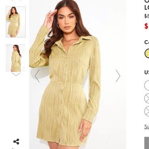 PrettyLittleThing Olive Textured Button Down Long Sleeve Mini Shift Dress, SizeM